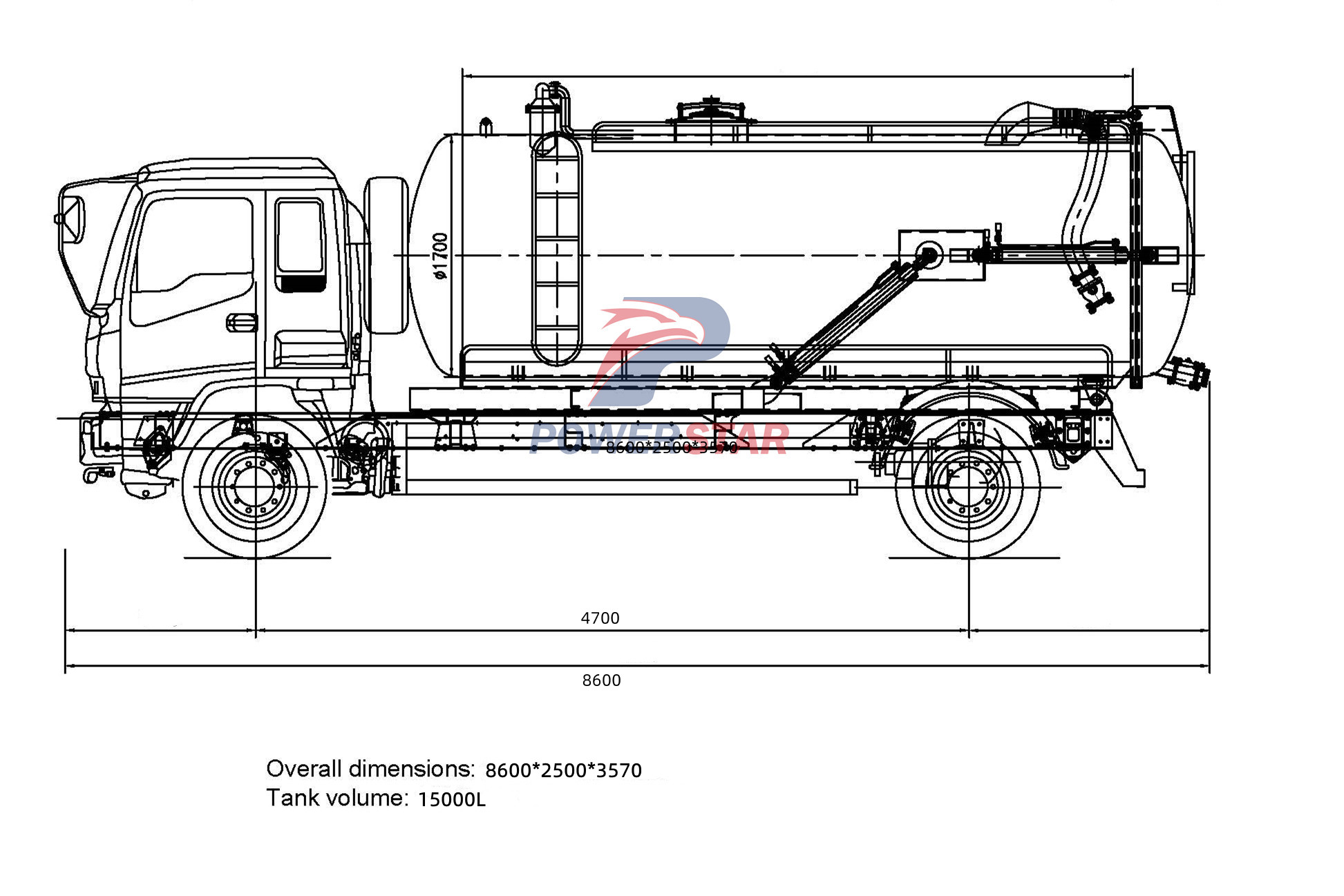 structure drawing of Isuzu VC61 septic pump tanker truck