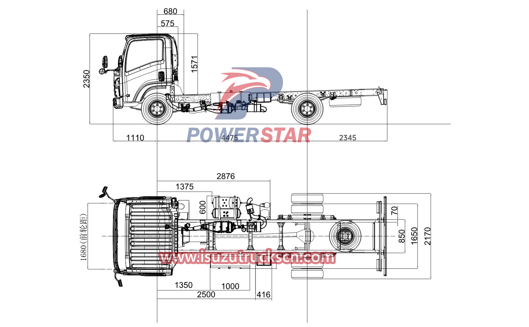 technical drawing of Isuzu NPR ELF 700P 4475mm wheelbase police fire truck chassis