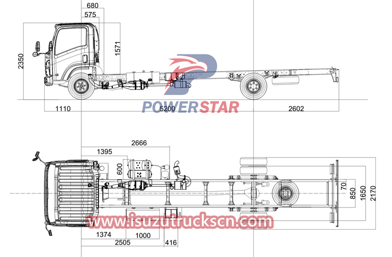 technical drawing of Isuzu NPR ELF 700P 5200mm wheelbase police fire truck chassis