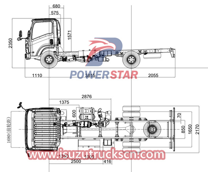 technical drawing of Isuzu NPR ELF 700P 3815mm wheelbase police fire truck chassis