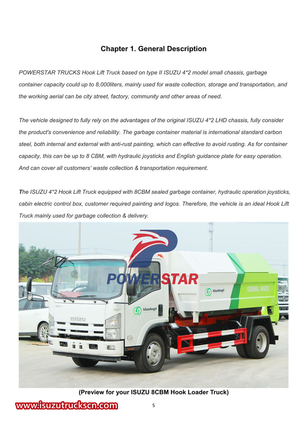 Isuzu NPR 700P 8cbm hook lift garbage truck user's manual