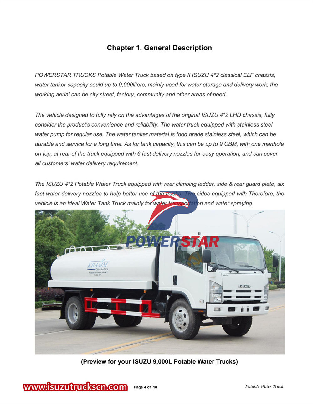 Isuzu 700P 9000L potable water truck manual