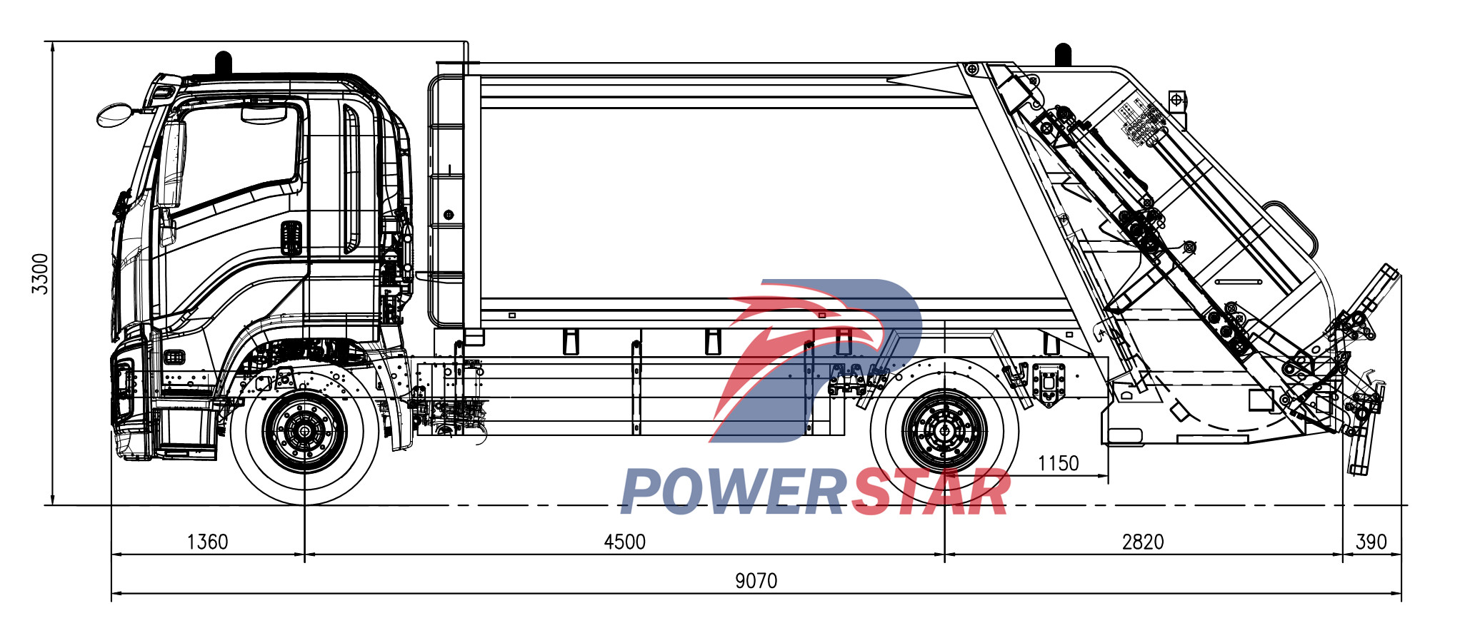 Technical drawing of Isuzu FVR GIGA truck with compactors