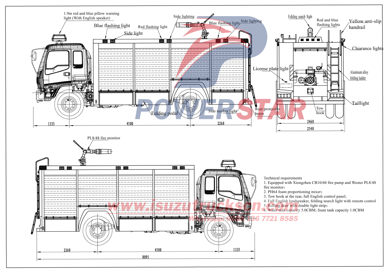 Technical drawing of Isuzu FVR 6cbm foam water fire truck