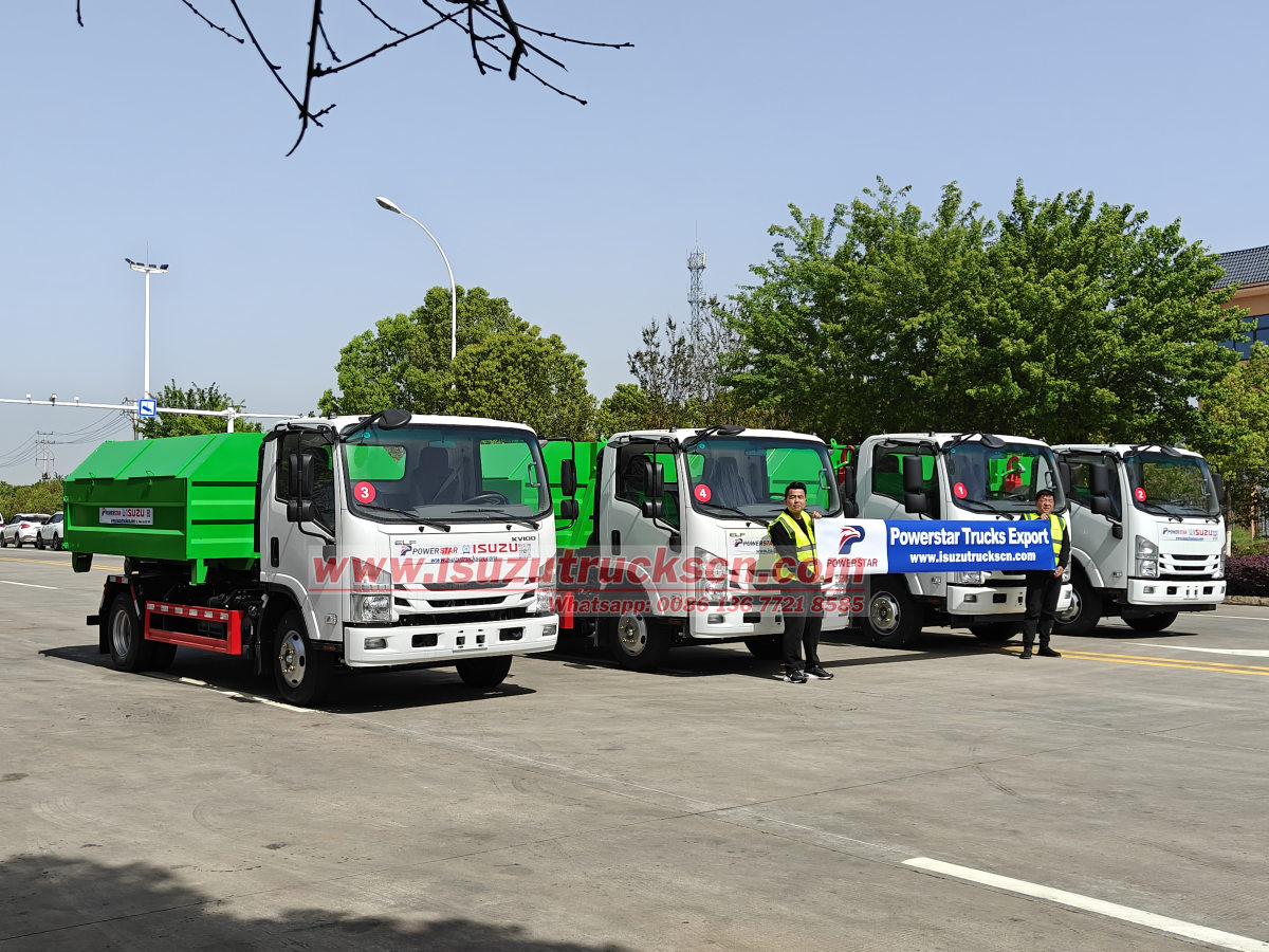 4 units Isuzu NPR 10Tons Hooklift Container Truck export to Mongolia