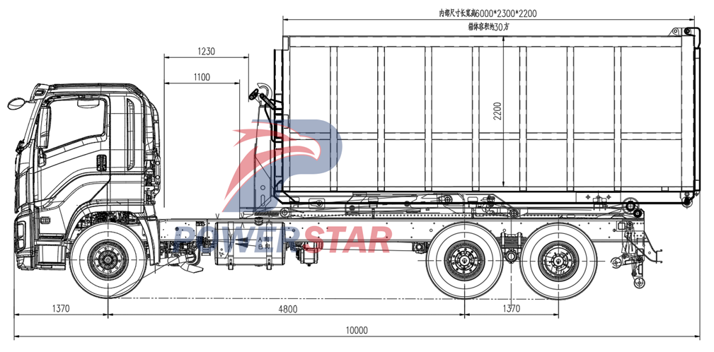 technical drawing of isuzu 6x4 hook loader truck